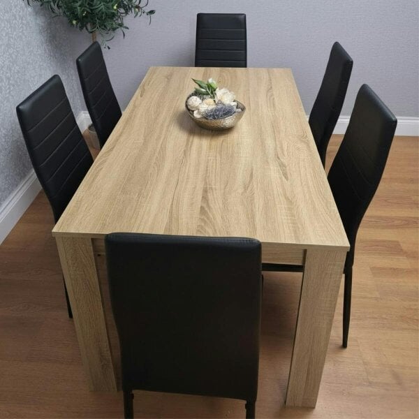 Kosy Koala Oak Effect Dining Table Set With 6 Black Faux Leather Chairs Dining Room Furniture