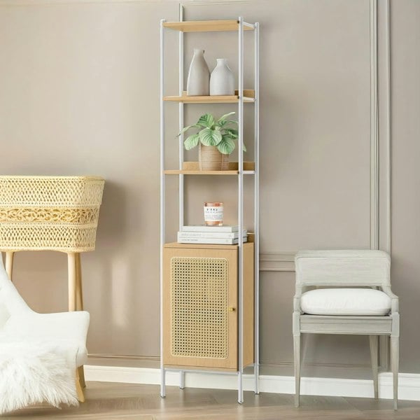 Rafaelo Mobilia Rattan-Like Narrow Bookcase Storage Cabinet With 2 Open Adjustable Shelves Beige
