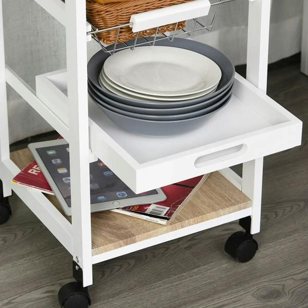 White kitchen trolley with lower shelf holding stacked plates and open pull-out area