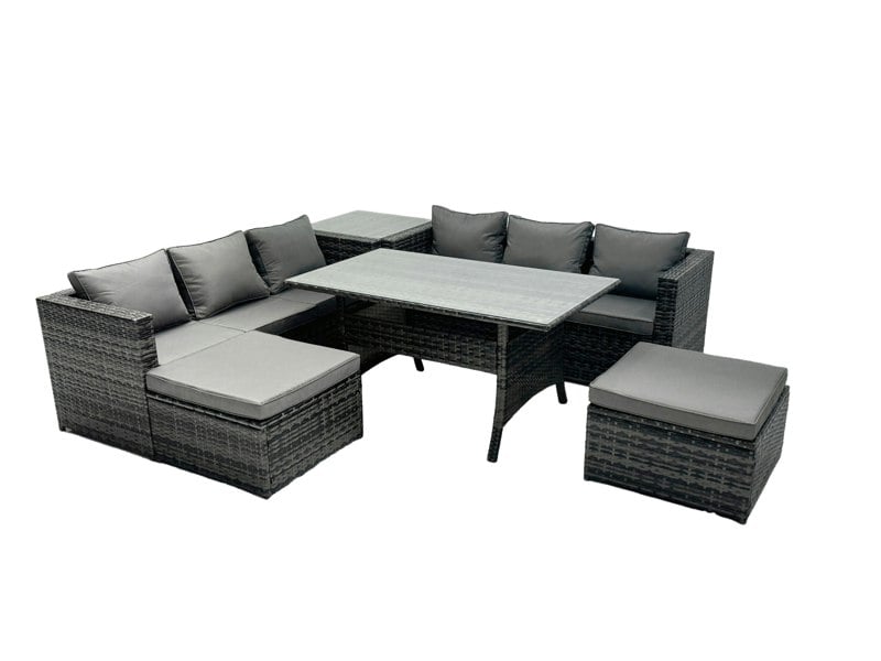 Fimous Outdoor Dining Table Sofa Set with Side Table Big Footstool Garden Furniture Set Dark Grey Mixed