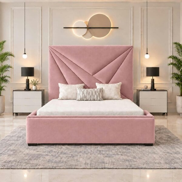 Paradise Beds Arvella Luxury Upholstered Bed Frame with tall Headboard - Solid Wood - Pink