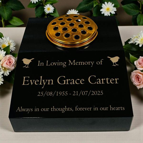 Memorials Direct Black Granite Sloping Memorial Desk with Vase – Robin Design, Free Gold Engraving