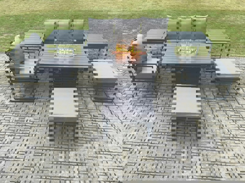 Fimous Aluminium 7 Pieces Garden Furniture Sofa Set with Cushions Gas Fire Pit Dining Table Set with 2 Big Footstools 2 Side Tables Dark Grey