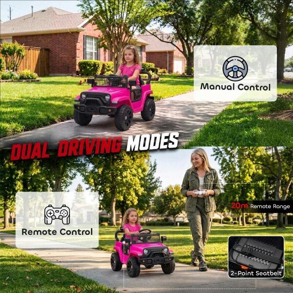 12V Electric Car for Kids with Remote, Dual Motors, Rear Suspension, Soft Start, Music, Lights for 3-8 Years, Pink