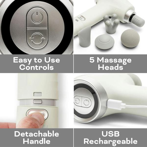 A collage featuring the Reviber Deep Tissue Percussion Massage Gun with Long Reach Handle: close-up of adjustable speeds, five massage heads, handle extension, and USB charging. All features are clearly labeled. Brand: Reviber.