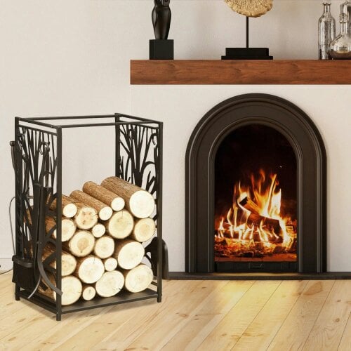 Bobobiy Steel Firewood Log Holder Firewood Rack Fireplace Wood Storage Shelf with 4 Tools, Tree Pattern Design, Black, 46W x 30D x 70H cm