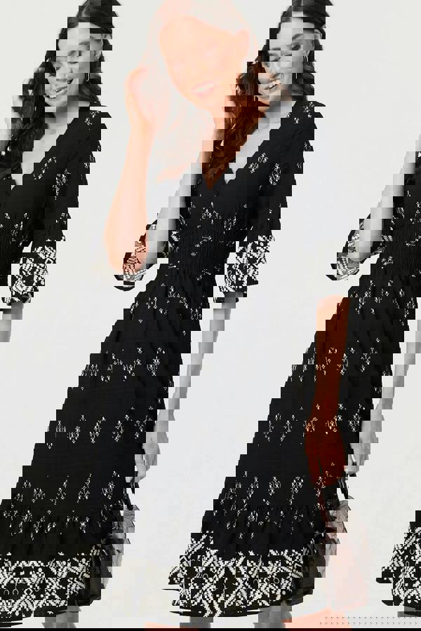 Black | Border Print Relaxed Knee Length Dress