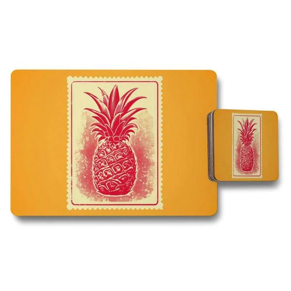 Benjamin Tate Design Pineapple Placemat and Coaster Set Vintage Red Print