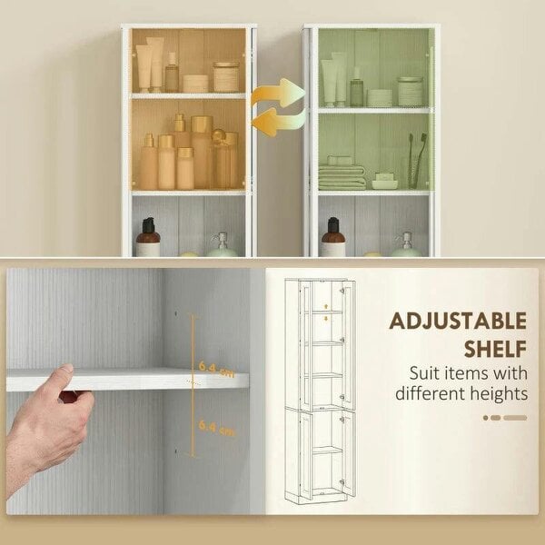 Tall Bathroom Storage Cabinet, 6-Tier Slim Bathroom Cabinet with Adjustable Shelf, 4 Soft-Close Doors, White