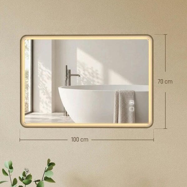 Bathroom Mirror with LED Lights, 100x70cm Rectangle Bathroom Mirror, Dimmable, Bluetooth, Anti-Fog, Gold Tone