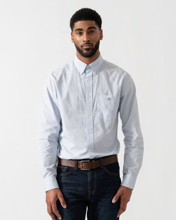 Model wearing GANT Mens Regular Fit Classic Poplin Gingham Shirt in 455 Light Blue - Main