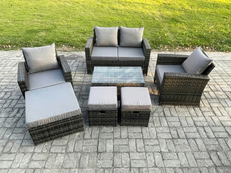 Fimous 7-Seater Outdoor Lounge Sofa Set - Dark Grey Mixed PE Wicker Rattan Garden Furniture with Rectangular Coffee Table & 3 Footstools