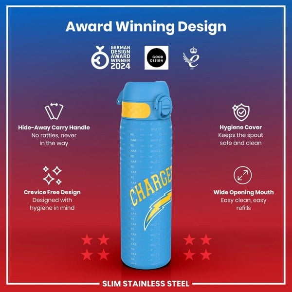 A blue, slim stainless steel water bottle, featuring a lightning bolt graphic and text, is displayed against a red and blue background; it advertises several design features and awards.