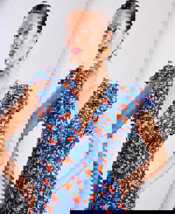 Blue Floral Ruffle Midi Dress