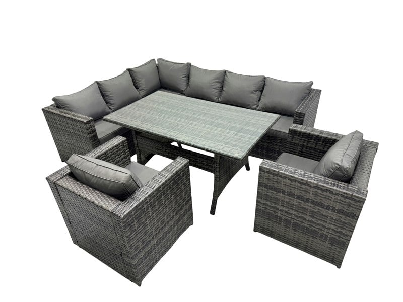 Fimous Outdoor PE Rattan Sofa Set with Dining Table Patio Garden Furniture Sets with 2 Chairs Dark Grey Mixed