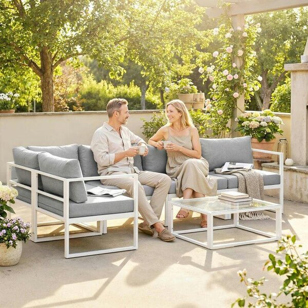 5 Seater Aluminium Garden Furniture Set, Garden Sofa Set with Thick Cushions for Patio and Balcony, Outdoor, Light Grey