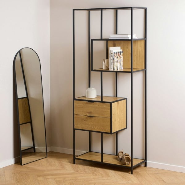 Furniture To Go Seaford Tall Wild Oak Metal 2 Drawer Bookcase With 4 Shelves