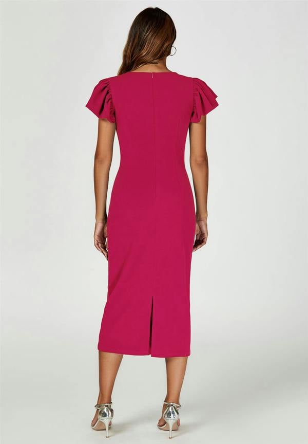 FS Collection Volume Sleeve Bodycon Midi Dress In Fuchsia