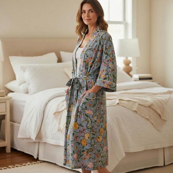Hayley & Co Pale Blue Floral Block Print 100% Cotton Dressing Gown