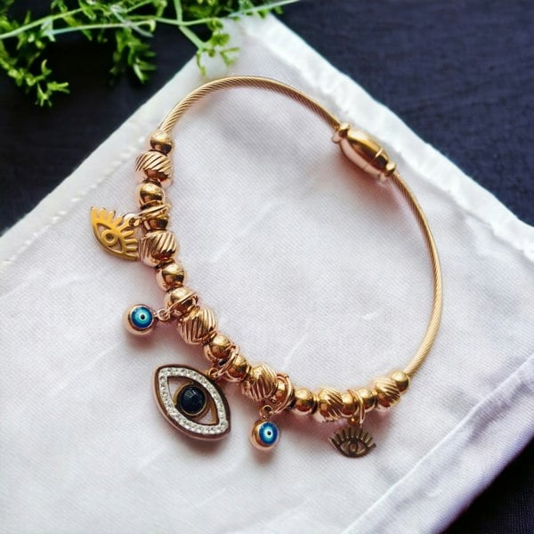 The Colourful Aura Rose Gold Evil Eye Dangle Charms Protection Dangly Bracelet