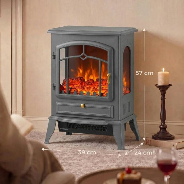 Electric Fireplace Stove, 1000/2000W 3-Sided Freestanding Fireplace Heater with 3D Flame Log, Thermostat, Grey