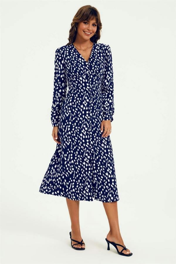 FS Collection Brushstroke Print Long Sleeve Button Front Midi Dress In Navy