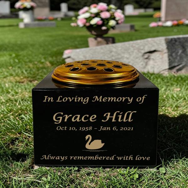 Memorials Direct Granite Memorial Vase with Swan Design 2, Free Personalised Gold Engraving, Solid Granite 6 x 6 x 4 Inches