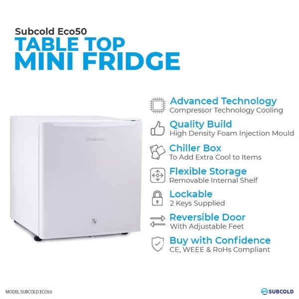 Subcold Eco 50 litre table top white mini fridge features infographic