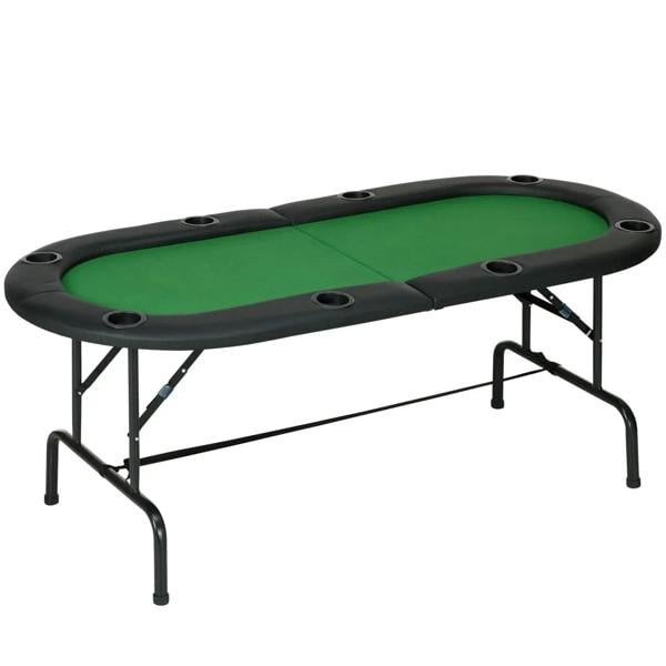 Oval folding poker table with green felt top, black metal frame, and built-in cup holders