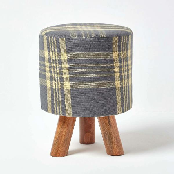 HOMESCAPES Grey and Yellow Tall Tartan Fabric Stool with Legs