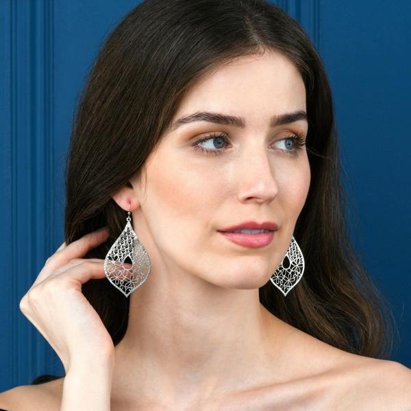 namana Silver Large Leaf Shaped Teardrop Dangle Earrings for Women