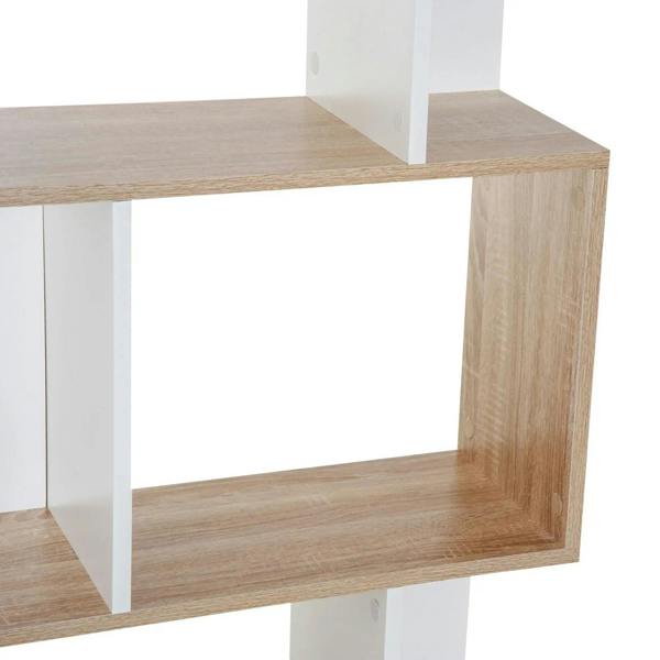 Close-up of open cubby shelf corner with oak top and white side supports