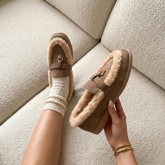 Love Lemonade Mollie Faux Suede Fur Lined Flat Penny Detail Moccasin Loafers Mocha