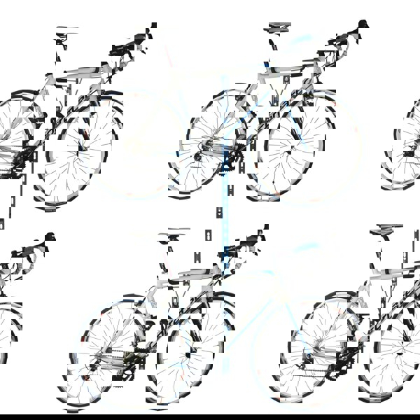 Horizontal folding bike wall brackets, gear storage and work stand for road bikes