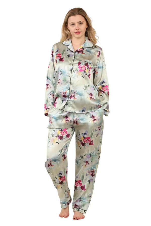 Luxury Satin Watercolour Floral Pyjama Set – Long Sleeve, Button-Up & Pockets