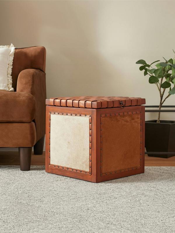 Kendari Hair on Leather Storage Stool