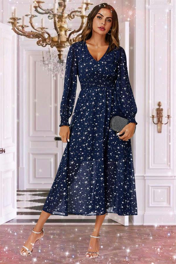 FS Collection Silver Star Foil Long Sleeve Maxi Dress In Navy