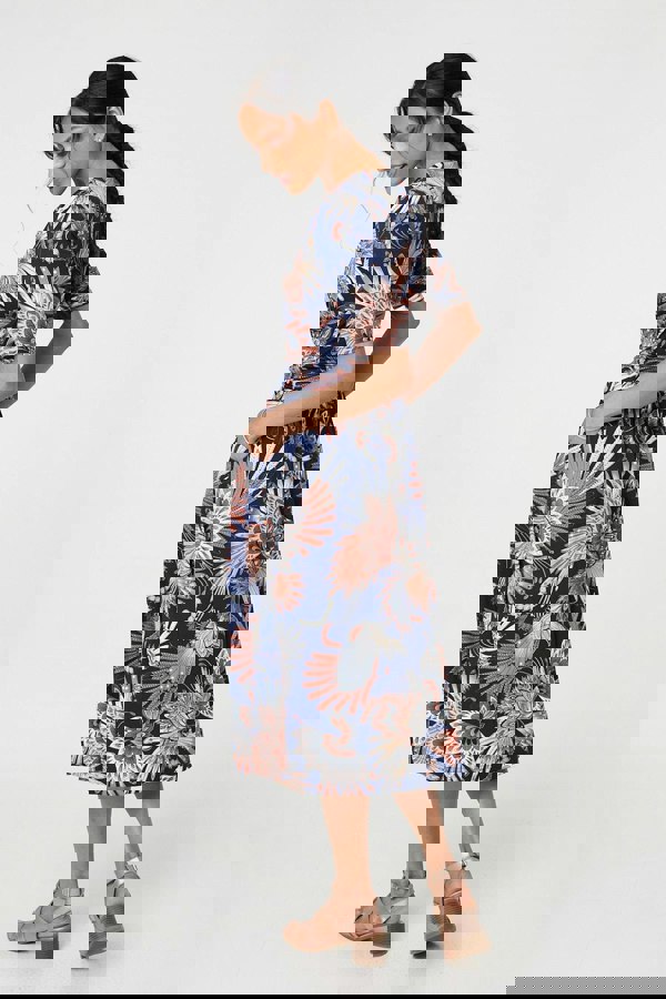 Navy | Tropical Print 1/2 Sleeve Midi Wrap Dress