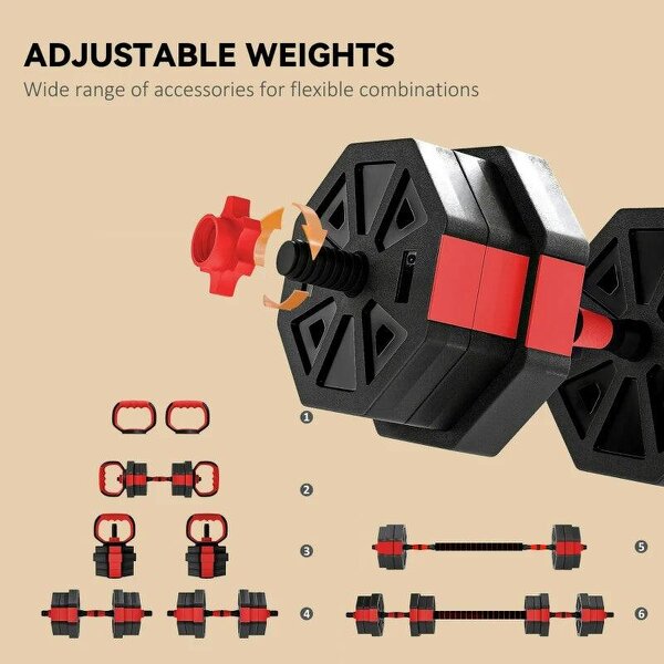 6-in-1 Adjustable Dumbbell Set, 20kg, Kettlebell, Barbell & Push-Up Stand, Red