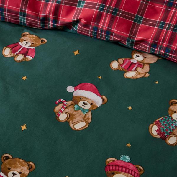 Catherine Lansfield Christmas Tartan Teddy Bear Reversible Duvet Cover Set Green