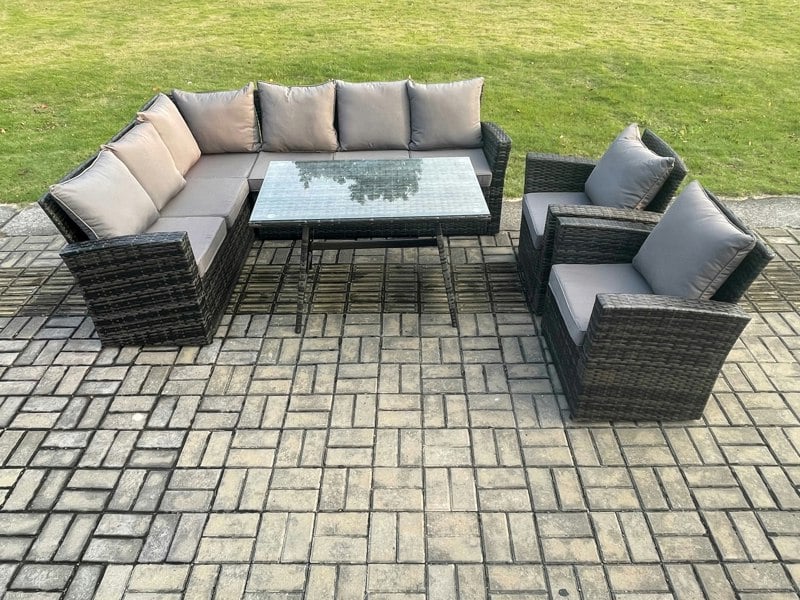 Fimous High Back Outdoor Garden Furniture Set Rattan Corner Sofa Dining Table Set With 2 Armchair 8 Seater Dark Grey Mixed