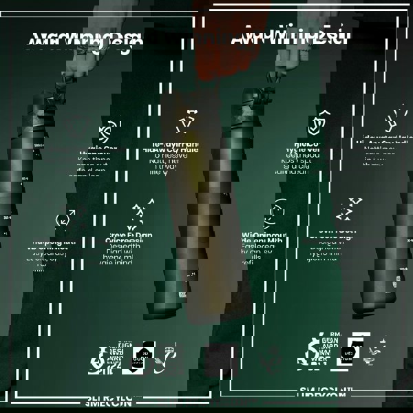 A dark-green water bottle is being held. It has a hide-away handle, crevice-free design, hygiene cover, and wide mouth. Awards from 2021 and 2024 are shown.