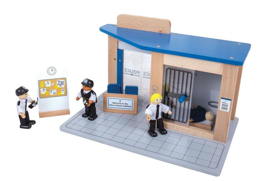 Tidlo Wooden Police Station Playset Featuring Sliding Doors & Bar Detailing - 7 Pieces