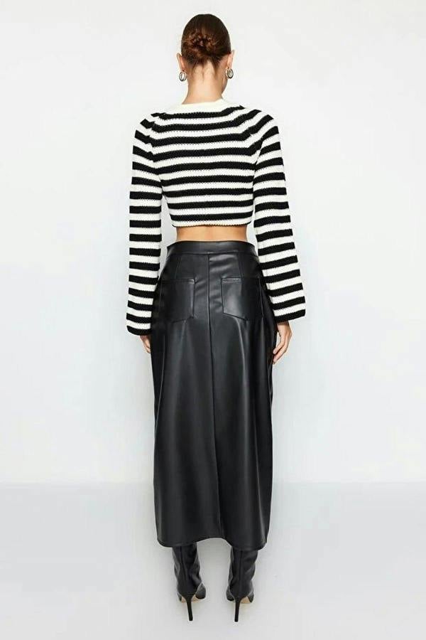 WOVCOR Slit Faux Leather High Waist Maxi Knit Skirt