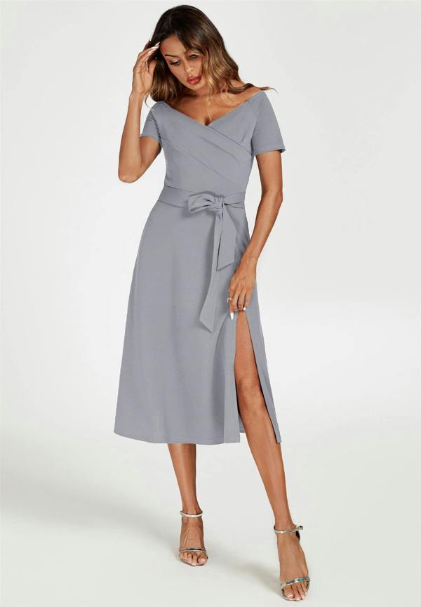 FS Collection Bardot Midi Dress In Grey