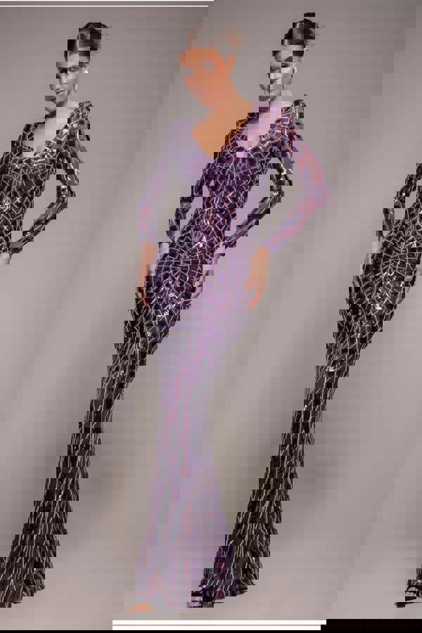 Geo Sequin Long Sleeve Maxi Dress - Purple DR3495