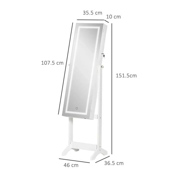 White jewelry cabinet mirror with stand; size measurements shown in cm