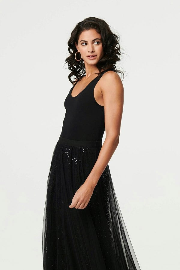 Black | Embellished Mesh Layer Midi Skirt

