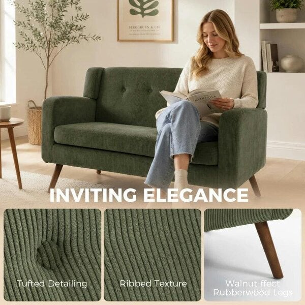 2 Seater Sofa, 118 cm Corduroy Small Loveseat with Spring Cushion, Wood Legs for Small Space, Living Room, Dark Green