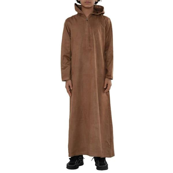 HM12 - Boy's Hooded Suede Emirati Omani Zipped Thobe - Camel - Thobez - 8